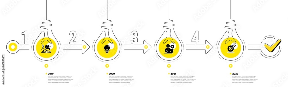 Poster business infographic timeline with 4 steps. workflow process diagram with data analysis, idea bulb, 