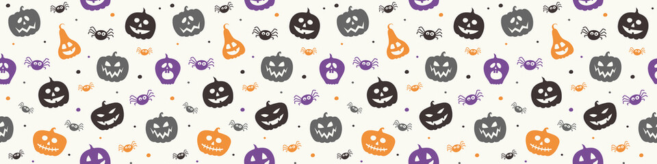 Halloween banner with funny pumpkins and spiders. Wallpaper. Vector