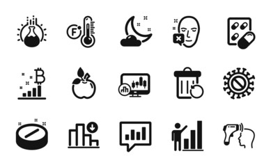 Vector set of Recovery trash, Chemistry experiment and Analytical chat icons simple set. Capsule pill, Coronavirus and Electronic thermometer icons. Recovery trash simple web symbol. Vector