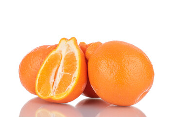 One half and two whole sweet organic minneola, close-up, isolated on white.