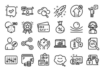 Vector set of Timer, Edit user and Online statistics line icons set. Calendar report, Money wallet and Credit card tag. Agent, Search file and Augmented reality icons. Vector