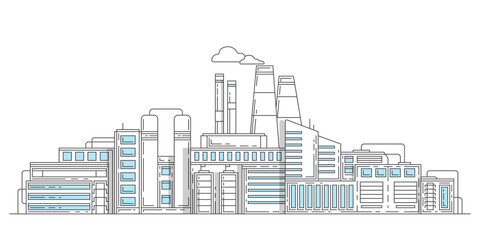 Industrial complex with pipes.City factory.Modern thin line design style.Buildings architecture. vector illustration.