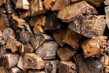 Set of logs stacked for the winter. Firewood. Rural heating concept. Natural wood background.