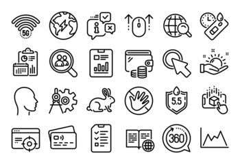 Vector set of Swipe up, Diagram and Internet book line icons set. Calendar report, Money wallet and Credit card tag. Do not touch, Sunny weather and Click here icons. Vector