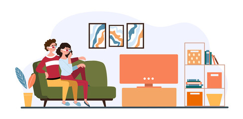 Couple watching TV. Man and girl hugging on sofa, romantic evening. Stay at home, quarantine, selfisolation. Happy family at room. Cartoon flat vector illustration isolated on white background