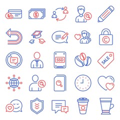 Line icons set. Included icon as Copyright locker, Latte, Search people signs. Man love, Message, Hearts symbols. Takeaway coffee, Search files, Stop talking. Dating, Human, Pencil. Undo. Vector