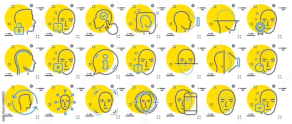 Poster face recognition line icons. set of facial biometrics detection, scanning and unlock system icons. f