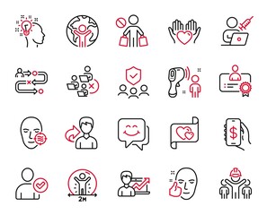 Vector Set of People icons related to Smile face, Idea and Vaccination appointment icons. Remove team, Love letter and Stop shopping signs. Global business, Electronic thermometer and Share. Vector