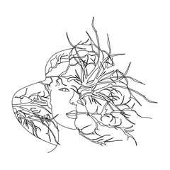 Woman Silhouette Botanical theme for print.One line vector drawing. Fine One Line Art Drawing.Nature symbol of cosmetics. Abstract Wall Art Print Set, Woman Modern continuous line art. Fashion print.