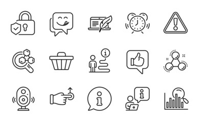 Technology icons set. Included icon as Search, Yummy smile, Drag drop signs. Like, Chemistry molecule, Security lock symbols. Time management, Shop cart, Chemistry lab. Warning, Speaker. Vector