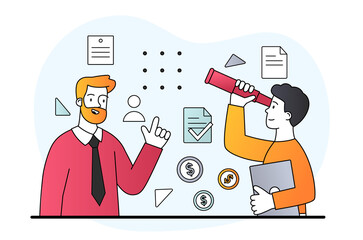 Looking ahead to future. Human looks through binoculars, makes plans. Leadership concept, gathering opinions, finding solutions. Cartoon flat vector illustration isolated on white background