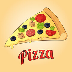 Slice of pizza with tomatoes, mushrooms, pepperoni, olives, herbs and cheese on a yellow background