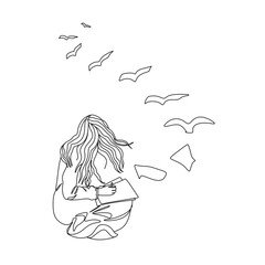 Abstract figure of a woman with a pencil and a notebook Line vector drawing. Modern continuous line art. Fashion print.Portrait minimalistic style. One Line Art.