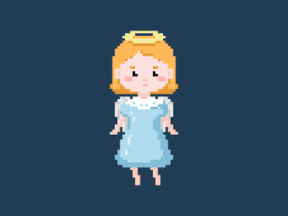 Pixel art Christmas girl angel in a blue dress with a halo. Old school 8 bit style retro illustration of winter angel girl with nimbus. Isolated winter avatar.