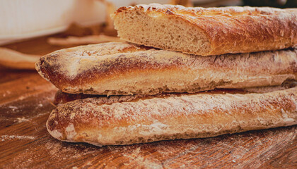 Homemade craft sourdough bread, Crusty Artisan Bread. Freshly baked bread baguettes at home