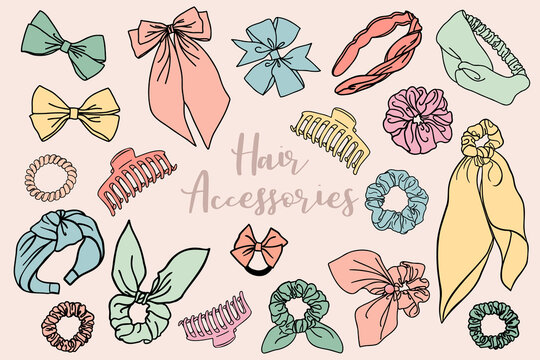 Hair accessories collection. Bundle of hand drawn, doodle scrunchies, hair ties, bows and hair clip icons.