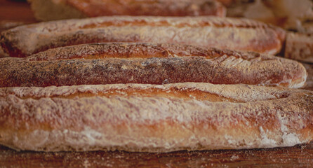 Homemade craft sourdough bread, Crusty Artisan Bread. Freshly baked bread baguettes at home