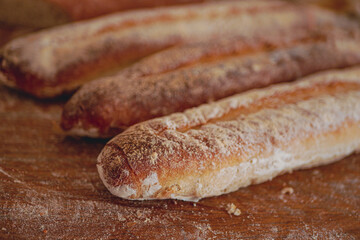 Homemade craft sourdough bread, Crusty Artisan Bread. Freshly baked bread baguettes at home
