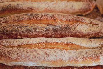 Homemade craft sourdough bread, Crusty Artisan Bread. Freshly baked bread baguettes at home