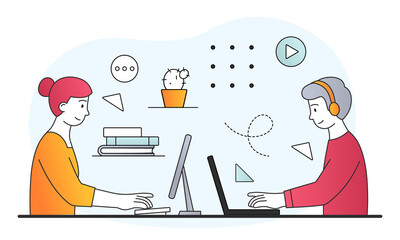 Man and woman in office. Support staff respond to messages. Employees work on computer and laptop. Business stylish workwear trend. Cartoon flat vector illustration isolated on white background