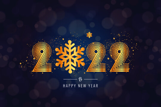 2022 golden decoration holiday on buke background. Gold foil balloons numeral 2022 with realistic festive objects,, glitter gold confetti and serpentine. Shiny party background. Horizontal banner 