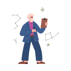 Professor astronomy talking about stars, flat vector illustration isolated.