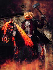 Monster horseman with a pumpkin head riding a ghost horse and holding an axe in his hand. 3D render. - obrazy, fototapety, plakaty