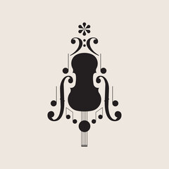 Christmas tree music design element. Violin and notes icon for musical event. Silhouette, vector illustration.