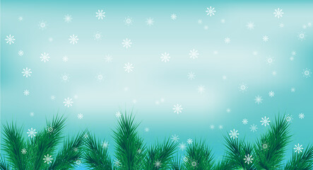 Fototapeta na wymiar Christmas frame with fir tree blue background and fall snow
