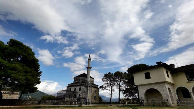 ioannina city its kale mosque in autumn clouds movement, greece
