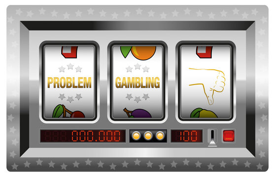 PROBLEM GAMBLING, labeled poker machine reels with thumb down symbol. Symbolic for pathological gambling addiction and impulse disorders concerning games of chance. Vector illustration.
