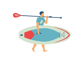 Fototapeta premium Young man holding paddle board going to beach for engaged sup surfing.