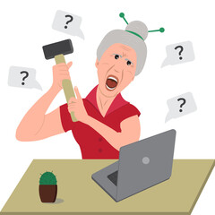 Elderly woman studying technology. Angry, aggressive grandmother with laptop. Vector Illustration