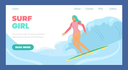 Colorful web banner with surf girl who surfing on surfboard in blue waves.