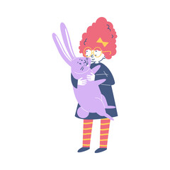 Little girl and her rabbit embracing, flat cartoon vector illustration isolated.