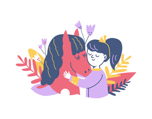 Happy girl hugging pony cartoon vector illustration