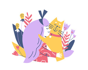 Banner with cute child hugging her pet, flat vector illustration isolated.