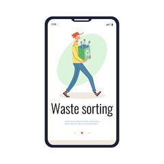 Waste sorting onboarding mobile screen page, flat vector illustration.