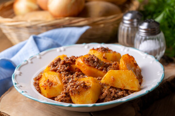 Traditional delicious Turkish food; meat potato dish (Turkish name; kiymali patates)