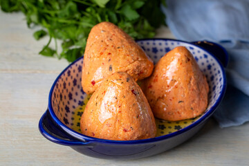 Traditional Turkish Spicy Surk Cheese Balls with Olive Oil from Hatay in Turkey. (Turkish name; Surk peynir)