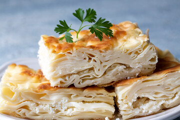 Delicious Turkish food; Tray pastry; (Turkish name; Su boregi)