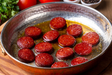 Sausage in fried Turkish style (Turkish name; Sahanda sucuk)