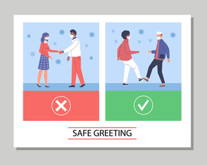 Set cards of safe greeting and traditional handshaking, vector illustration.