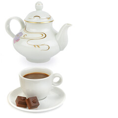 Cup with hot chocolate (or coffee) and vintage porcelain teapot for boiling water isolated on white. Free space for text.