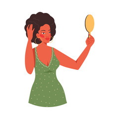 African american woman styling her hair, flat vector illustration isolated.
