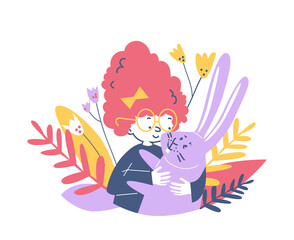 Redhead girl hug baby bunny pet