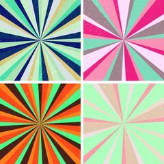 Set de 4 fondos vectoriales retro grunge coloridos radiales
