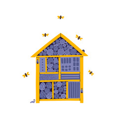 Insect hotel.  Bugs and bees hotel. Woodhouse with compartments and natural components: bricks, wood, sawdust, cuttings, pine cones. House in the garden for insects with bugs around. A gardening hobby