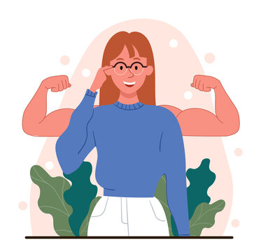 Woman power concept. Brave girl stands and smiles, selfconfidence. Lady shows biceps, hidden strength. Facing fears like powerful hero. Cartoon flat vector illustration isolated on white background