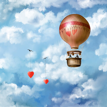 Postcard for Valentine's Day. Vintage balloon with hearts